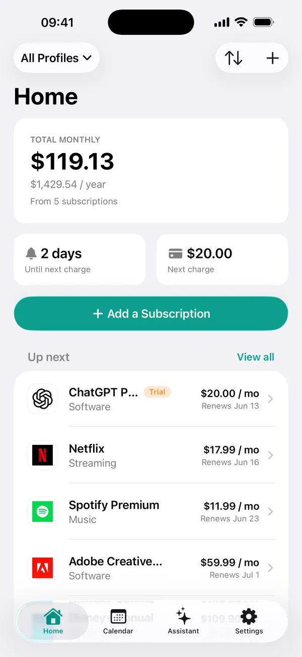 SubHelm home screen showing a total monthly spend of $119.13 and upcoming renewals
