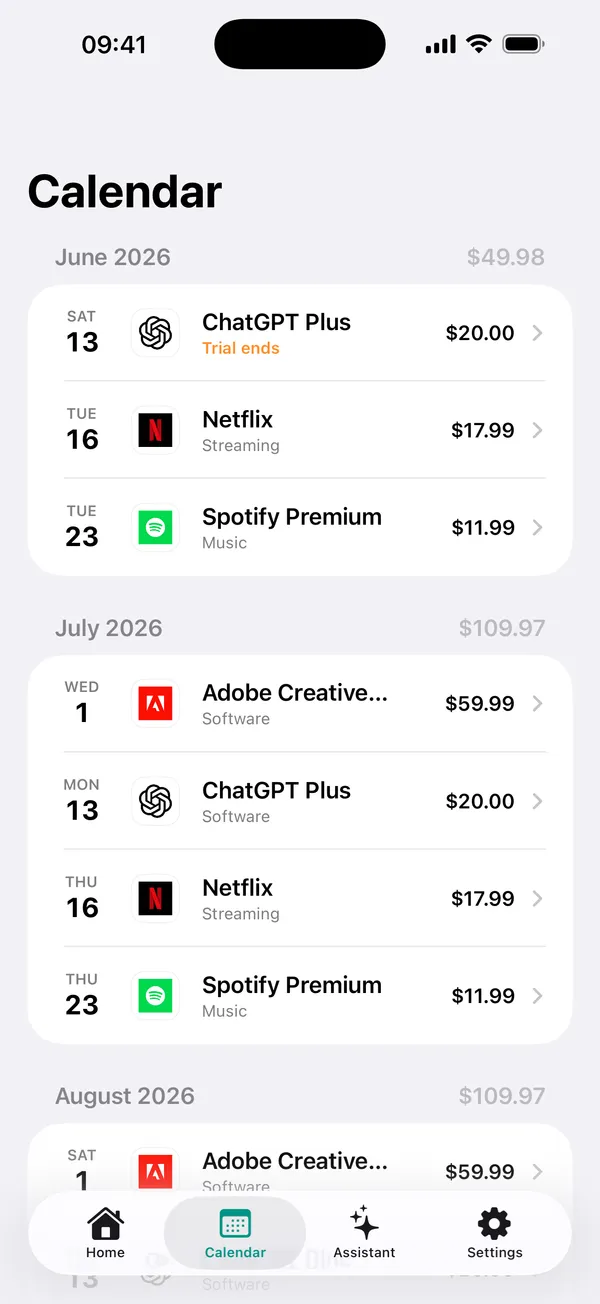 Calendar of upcoming subscription charges in SubHelm
