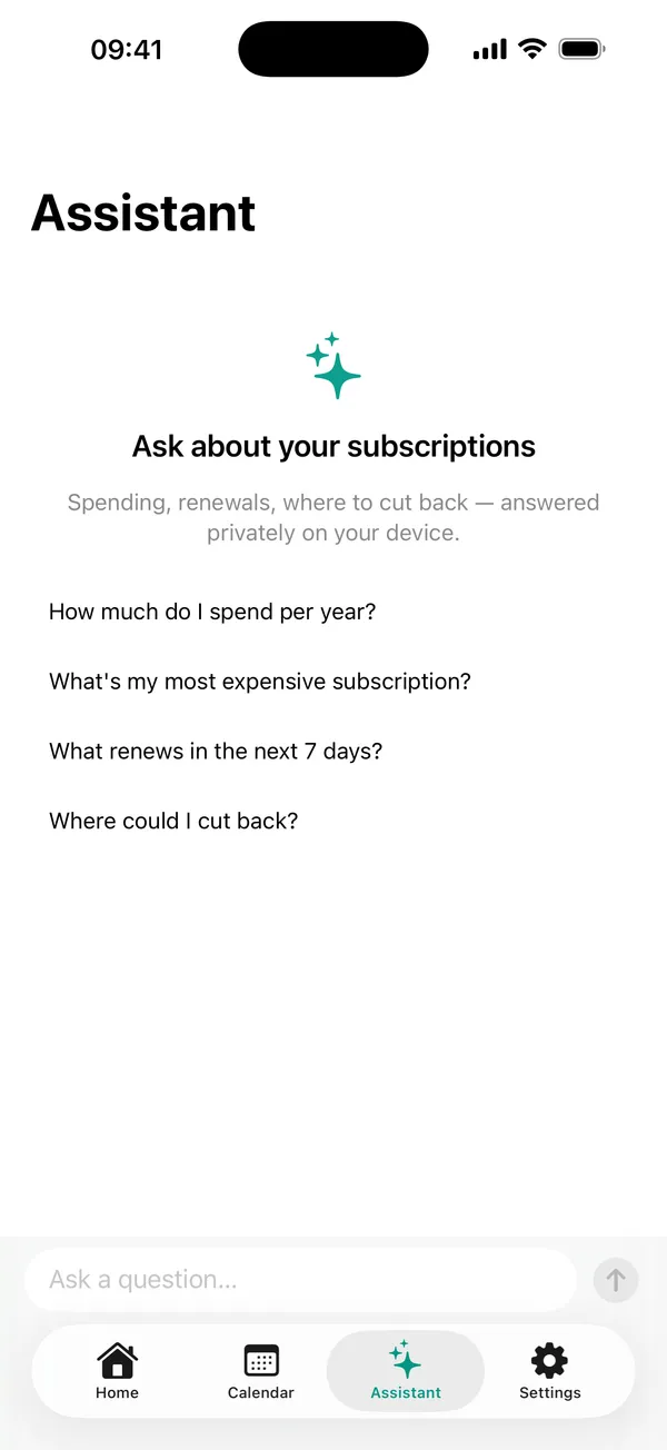 SubHelm's on-device assistant answering a question about subscription spending