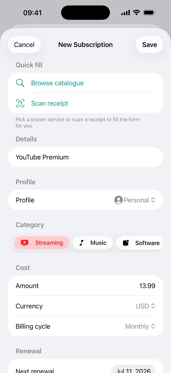 Scanning a receipt to add a subscription in SubHelm